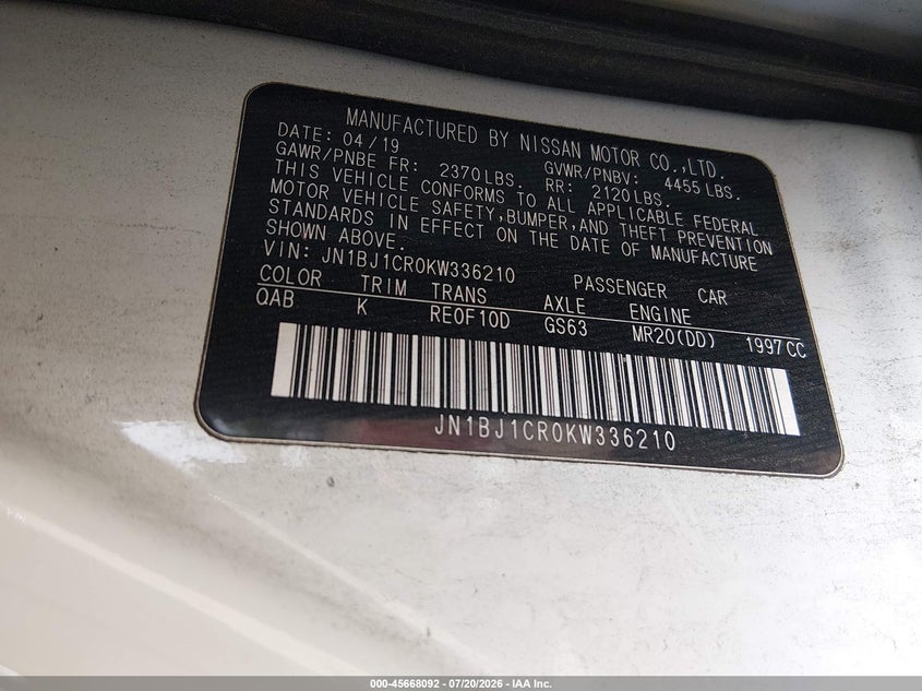 2019 Nissan Rogue Sport Sl VIN: JN1BJ1CR0KW336210 Lot: 45668092