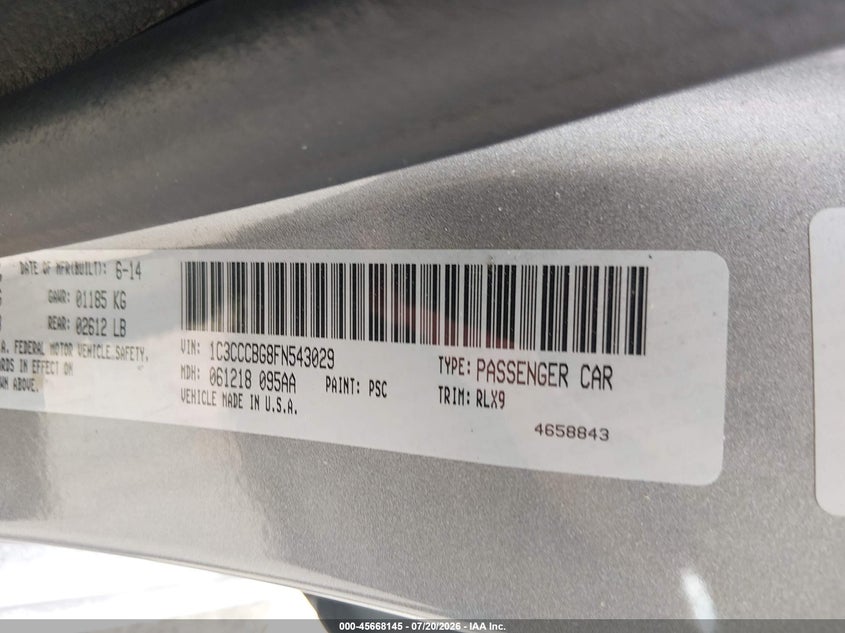 2015 Chrysler 200 S VIN: 1C3CCCBG8FN543029 Lot: 45668145