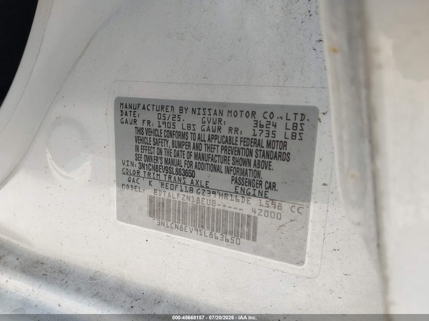 2025 Nissan Versa 1.6 Sv VIN: 3N1CN8EV9SL863650 Lot: 45668157