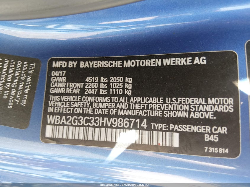 2017 BMW M240I xDrive VIN: WBA2G3C33HV986714 Lot: 45668158