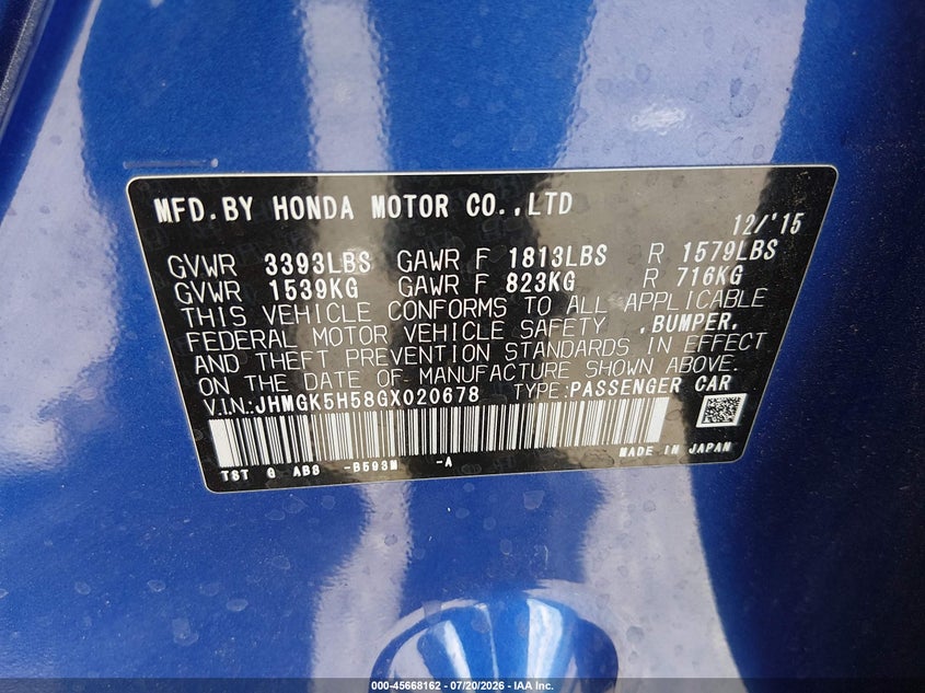 2016 Honda Fit Lx VIN: JHMGK5H58GX020678 Lot: 45668162