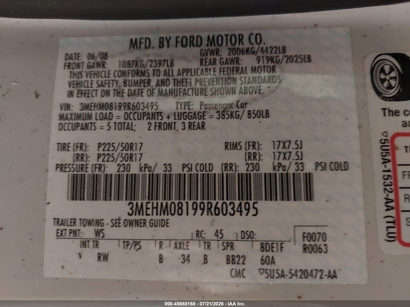 2009 Mercury Milan V6 Premier VIN: 3MEHM08199R603495 Lot: 45668168