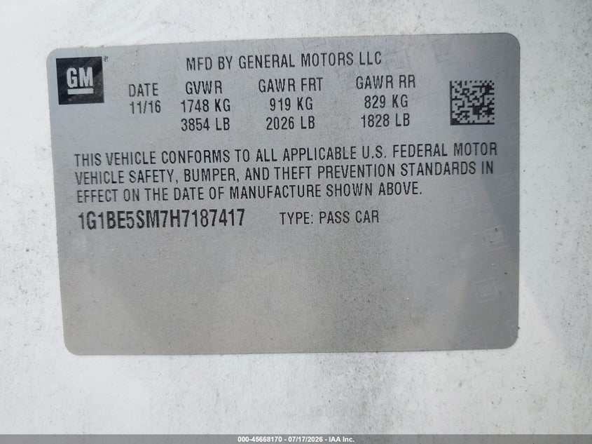 2017 Chevrolet Cruze Lt Auto VIN: 1G1BE5SM7H7187417 Lot: 45668170