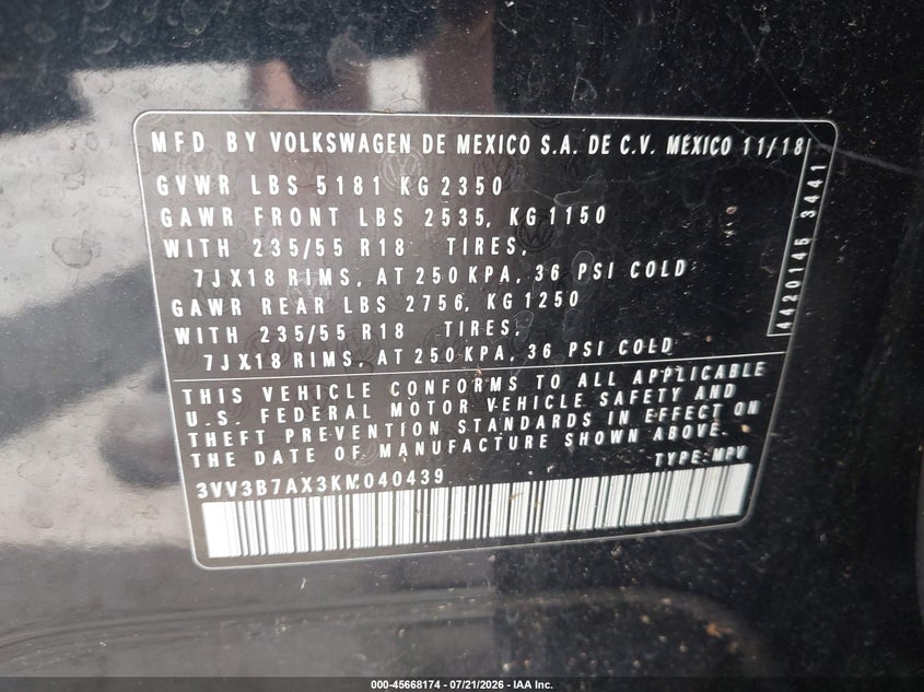 2019 Volkswagen Tiguan 2.0T Se/2.0T Sel/2.0T Sel R-Line/2.0T Sel R-Line Black VIN: 3VV3B7AX3KM040439 Lot: 45668174