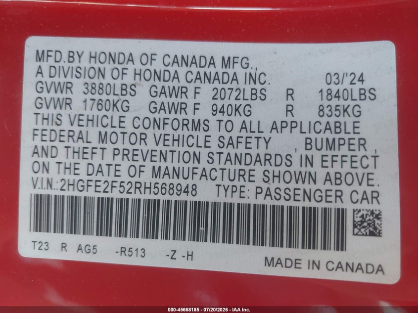 2024 HONDA CIVIC SEDAN 2.0L I-4 DI, DOHC, VVT, 158HP