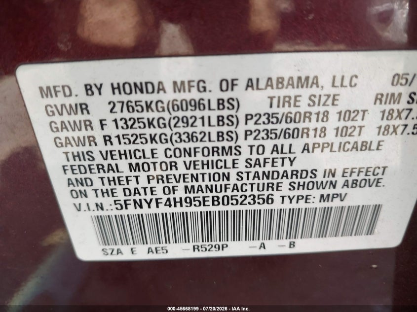 2014 Honda Pilot Touring VIN: 5FNYF4H95EB052356 Lot: 45668199