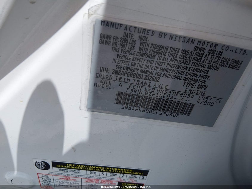 2025 Nissan Kicks S Intelligent Awd VIN: 3N8AP6BB0SL332502 Lot: 45668219