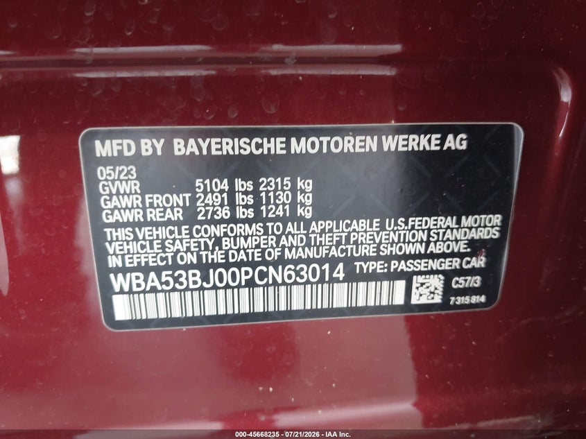 2023 BMW 540 I VIN: WBA53BJ00PCN63014 Lot: 45668235