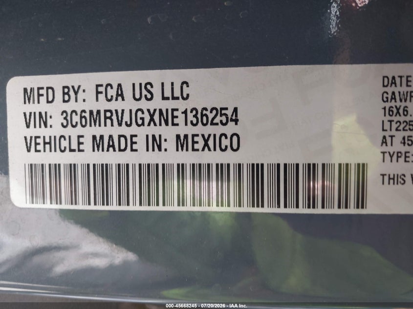 2022 Ram Promaster 3500 Cargo Van High Roof 159 Wb Ext VIN: 3C6MRVJGXNE136254 Lot: 45668245