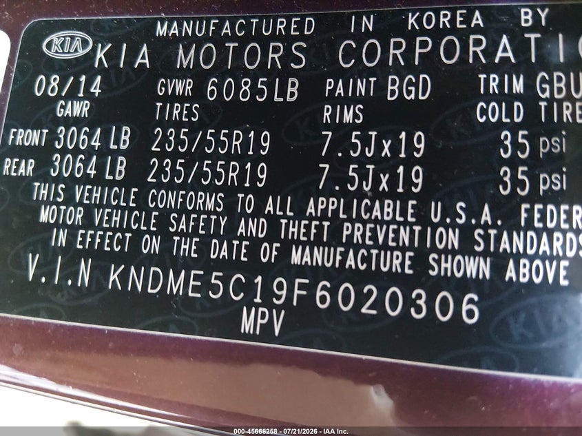 2015 Kia Sedona Sx Luxury VIN: KNDME5C19F6020306 Lot: 45668258