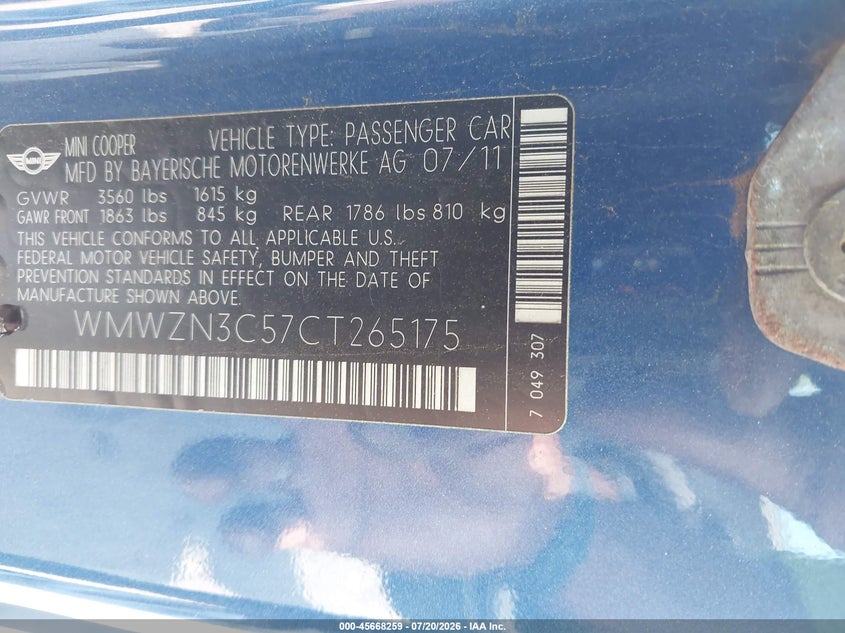 2012 Mini Cooper VIN: WMWZN3C57CT265175 Lot: 45668259