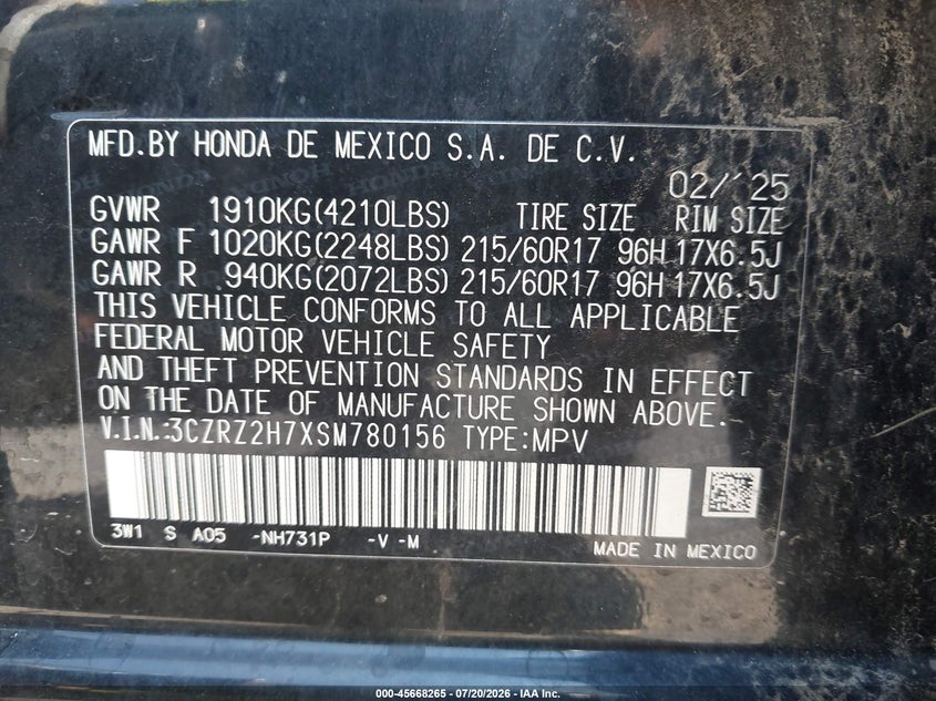 2025 Honda Hr-V Awd Ex-L VIN: 3CZRZ2H7XSM780156 Lot: 45668265