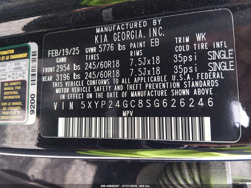 2025 Kia Telluride Lx VIN: 5XYP24GC8SG626246 Lot: 45668267