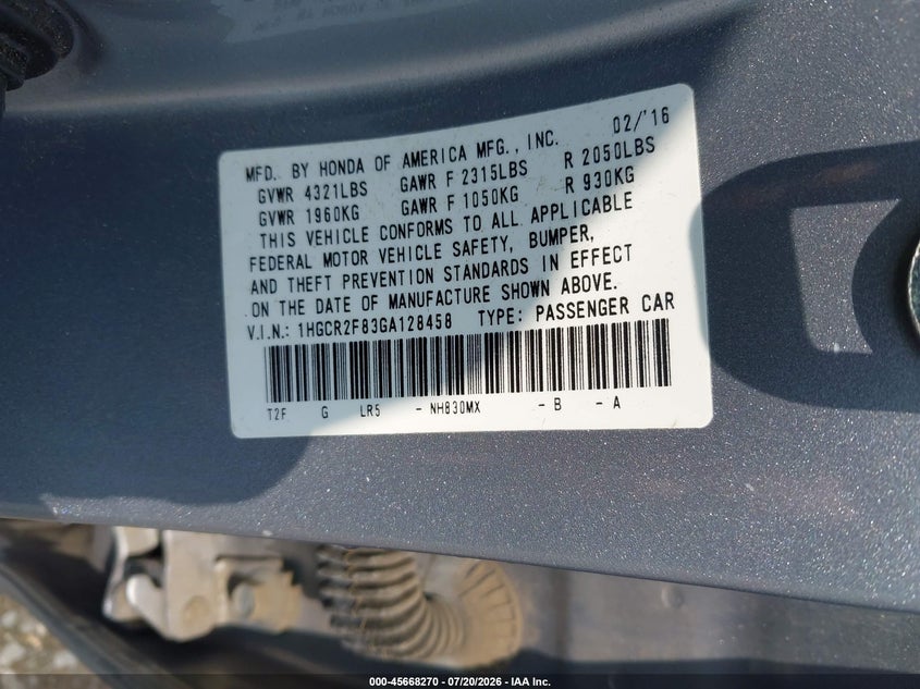 2016 Honda Accord Ex-L VIN: 1HGCR2F83GA128458 Lot: 45668270