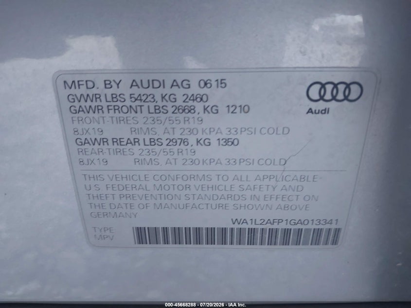 2016 Audi Q5 2.0T Premium VIN: WA1L2AFP1GA013341 Lot: 45668288
