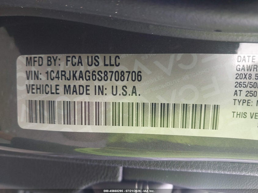 2025 Jeep Grand Cherokee L Altitude X 4X4 VIN: 1C4RJKAG6S8708706 Lot: 45668295