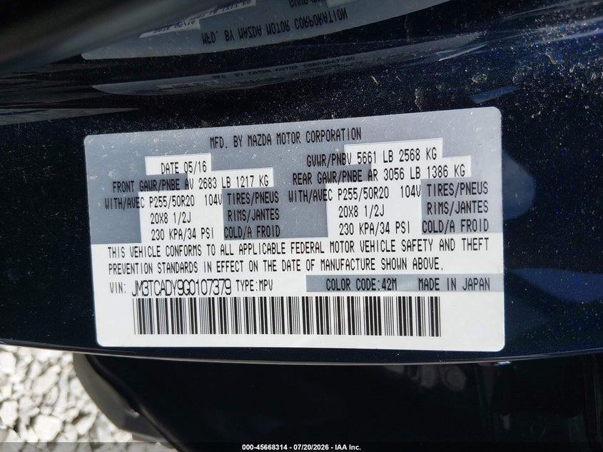 2016 Mazda Cx-9 Grand Touring VIN: JM3TCADY9G0107379 Lot: 45668314