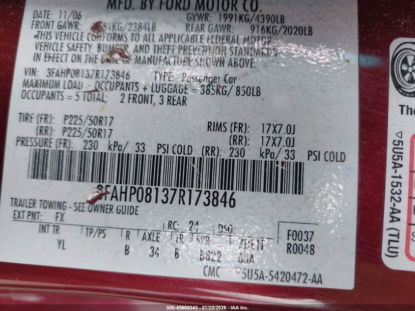 2007 Ford Fusion Sel VIN: 3FAHP08137R173846 Lot: 45668343