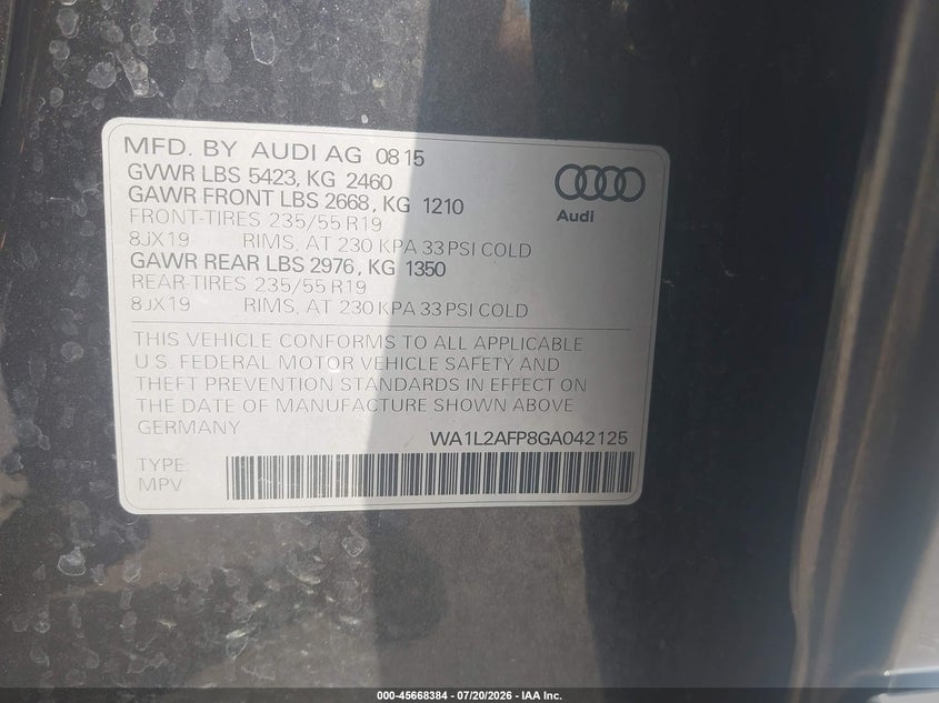 2016 Audi Q5 2.0T Premium VIN: WA1L2AFP8GA042125 Lot: 45668384