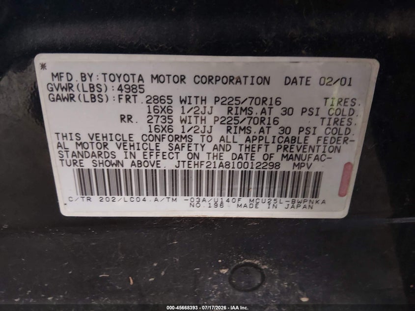 2001 Toyota Highlander V6 VIN: JTEHF21A810012298 Lot: 45668393