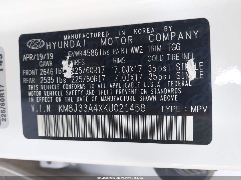 2019 Hyundai Tucson Value VIN: KM8J33A4XKU021458 Lot: 45668395