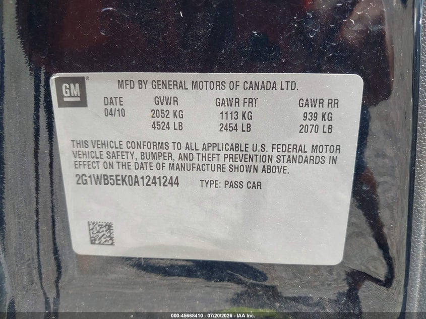 2010 Chevrolet Impala Lt VIN: 2G1WB5EK0A1241244 Lot: 45668410