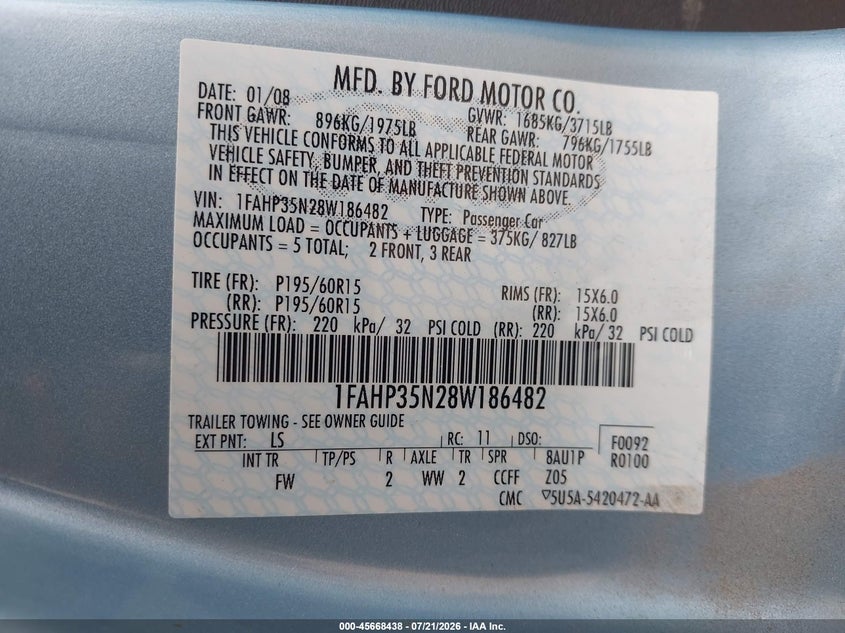 2008 Ford Focus Se/Ses VIN: 1FAHP35N28W186482 Lot: 45668438
