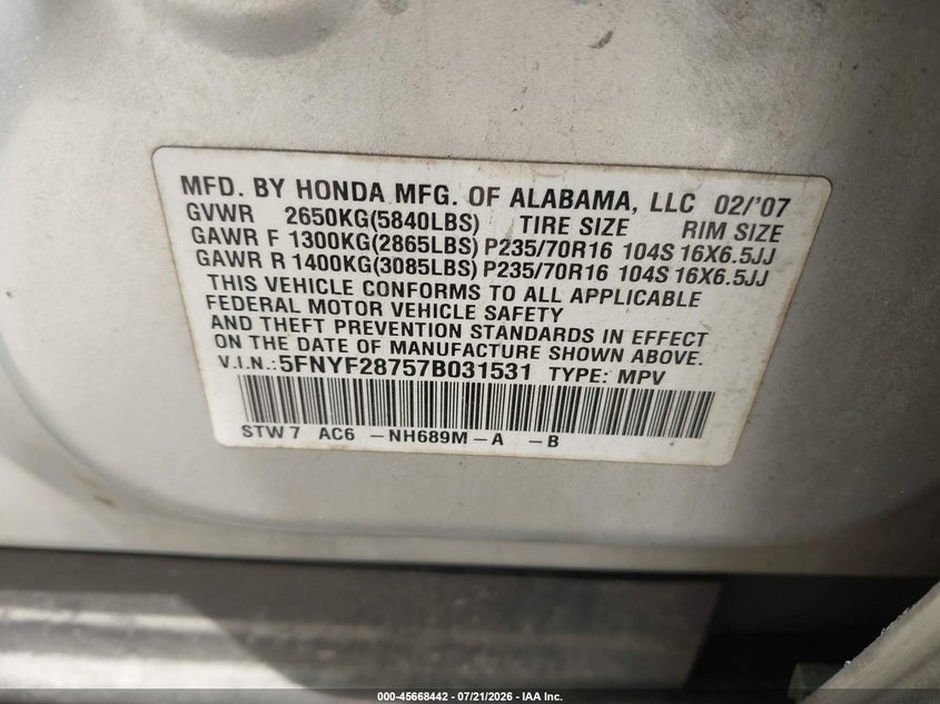 2007 Honda Pilot Ex-L VIN: 5FNYF28757B031531 Lot: 45668442