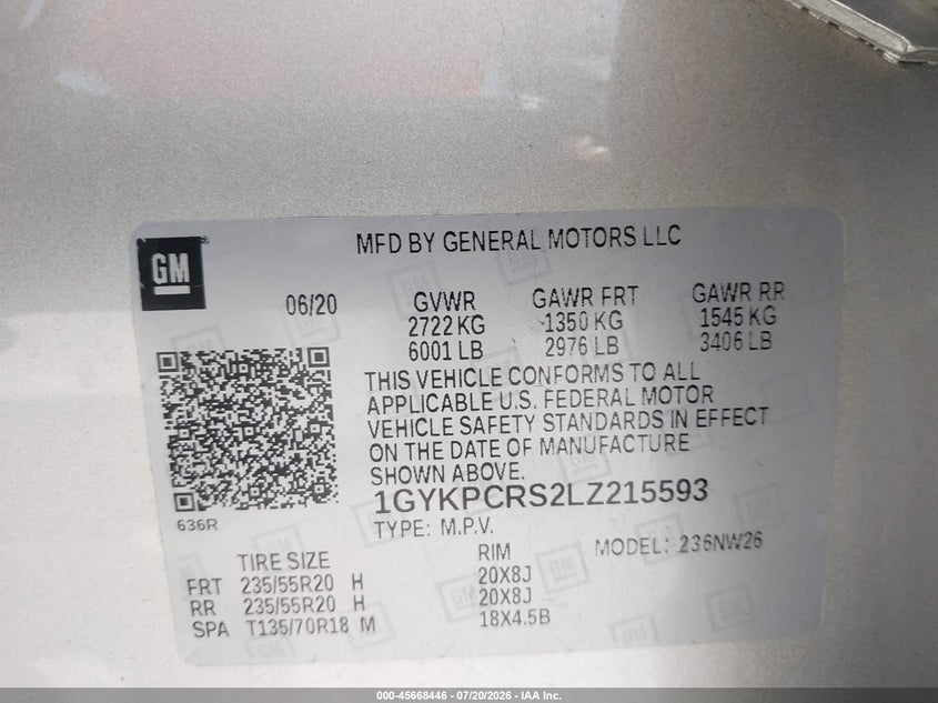 2020 Cadillac Xt6 Fwd Premium Luxury VIN: 1GYKPCRS2LZ215593 Lot: 45668446