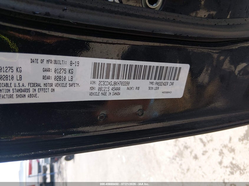 2019 Dodge Charger Scat Pack Rwd VIN: 2C3CDXGJ8KH703390 Lot: 45668450