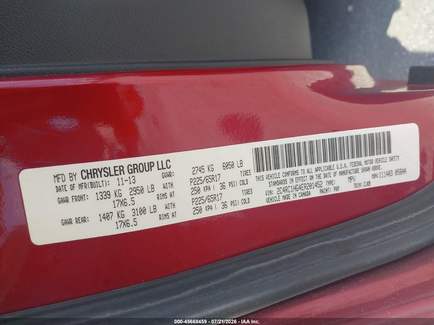 2014 Chrysler Town & Country S VIN: 2C4RC1HG4ER201452 Lot: 45668459