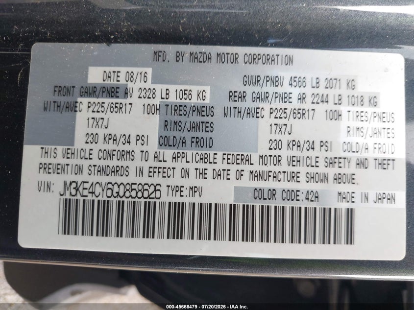 2016 Mazda Cx-5 Touring VIN: JM3KE4CY6G0858626 Lot: 45668479