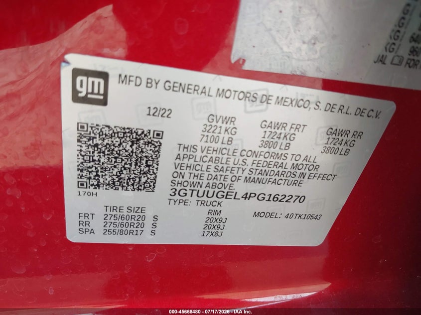GMC SIERRA 1500 2023 VIN 3GTUUGEL4PG162270