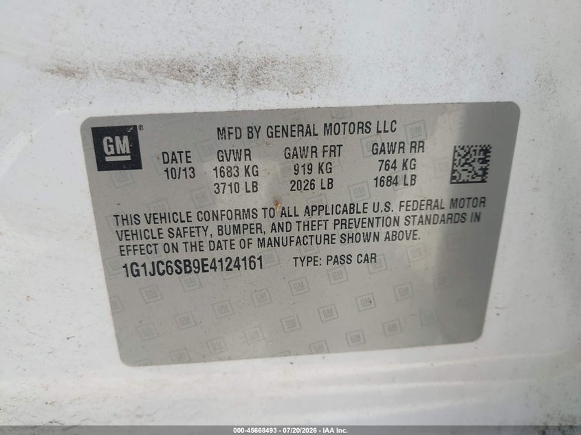 2014 Chevrolet Sonic Lt Auto VIN: 1G1JC6SB9E4124161 Lot: 45668493