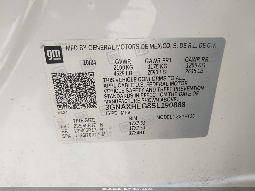 2025 Chevrolet Equinox Fwd Lt VIN: 3GNAXHEG8SL190888 Lot: 45668500