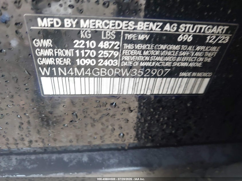 2024 Mercedes-Benz Glb 250 VIN: W1N4M4GB0RW352907 Lot: 45668508