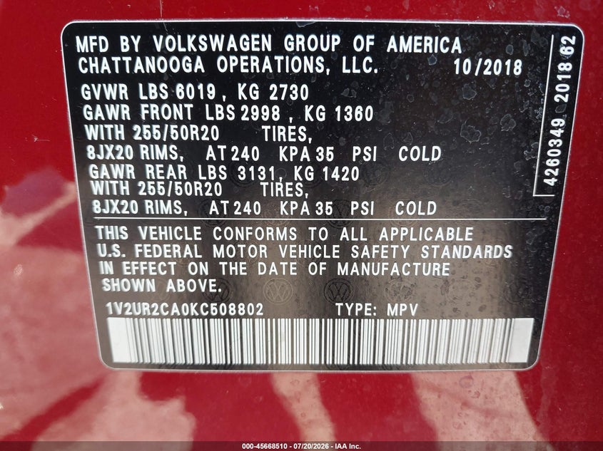 2019 Volkswagen Atlas 3.6L V6 Se W/Technology VIN: 1V2UR2CA0KC508802 Lot: 45668510