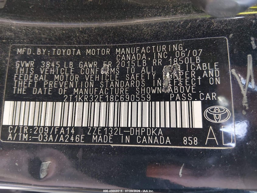 2008 Toyota Matrix Std VIN: 2T1KR32E18C690559 Lot: 45668515