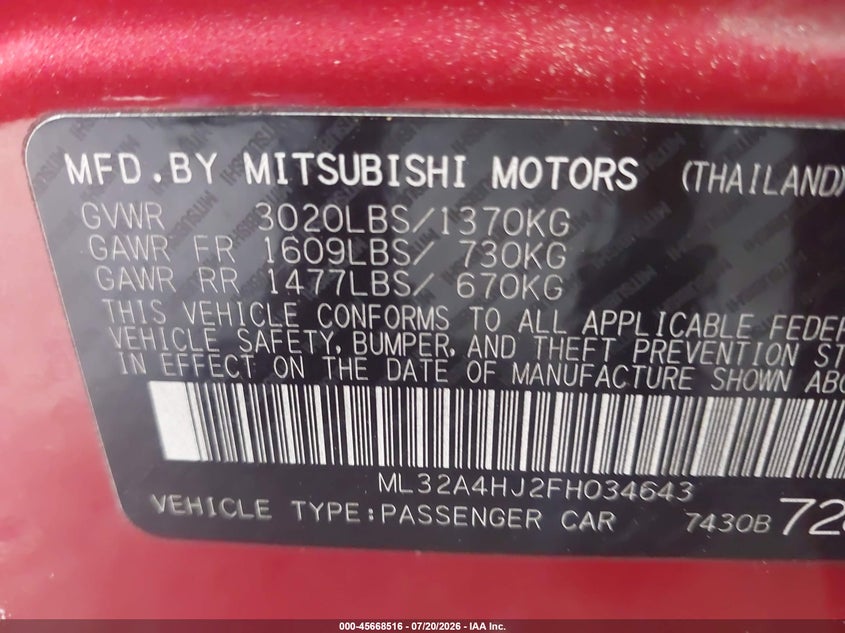 2015 Mitsubishi Mirage Es VIN: ML32A4HJ2FH034643 Lot: 45668516