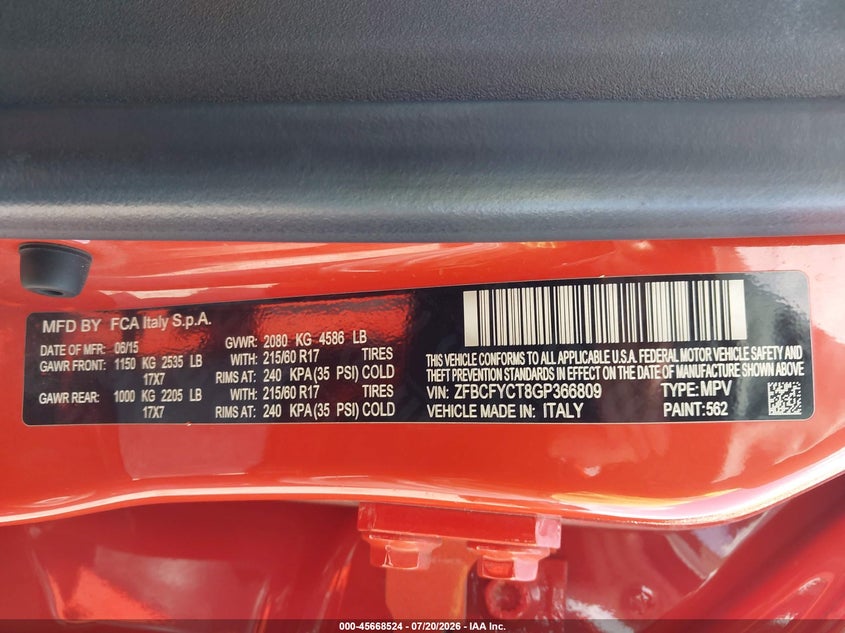 2016 Fiat 500X Trekking VIN: ZFBCFYCT8GP366809 Lot: 45668524