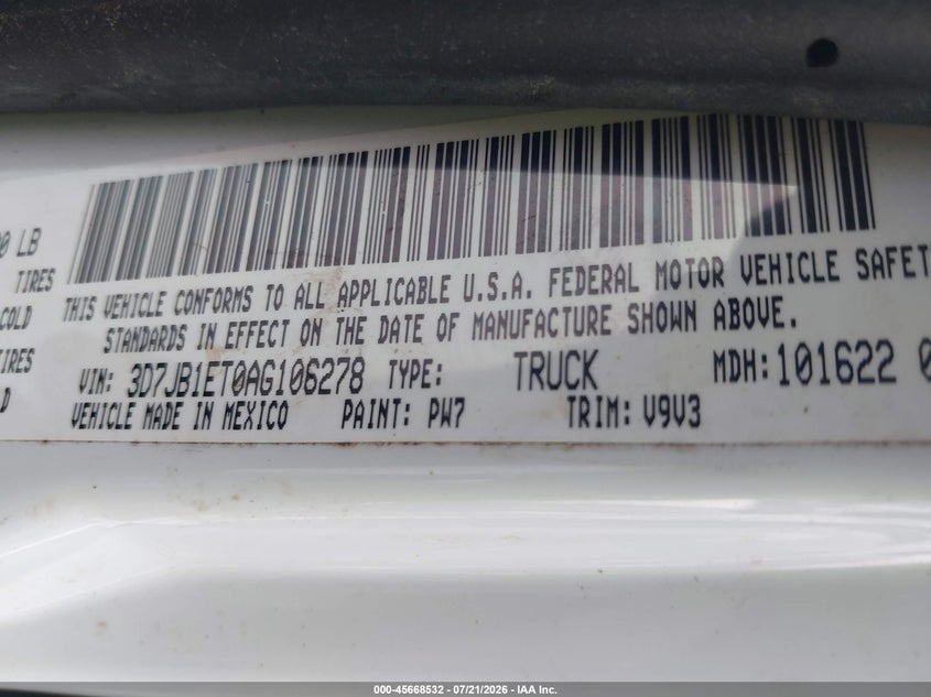 2010 Dodge Ram 1500 Slt/Trx VIN: 3D7JB1ET0AG106278 Lot: 45668532