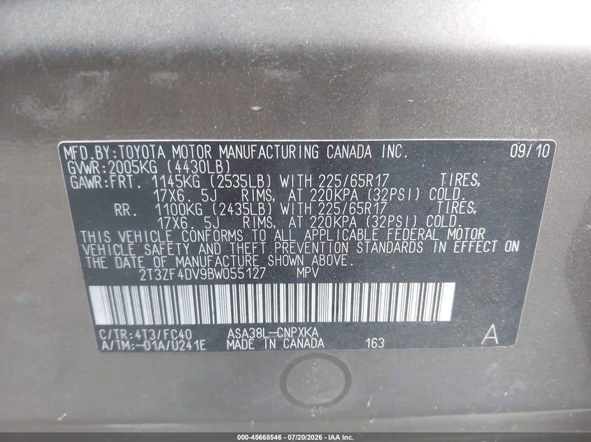 2011 Toyota Rav4 VIN: 2T3ZF4DV9BW055127 Lot: 45668546
