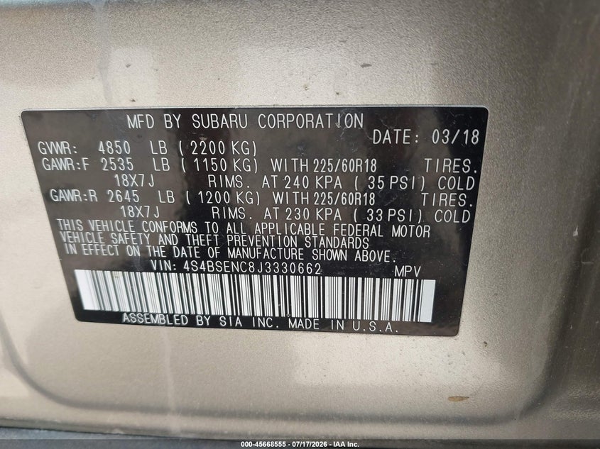 2018 Subaru Outback 3.6R Limited VIN: 4S4BSENC8J3330662 Lot: 45668555