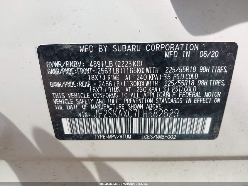 2020 Subaru Forester Touring VIN: JF2SKAXC7LH582629 Lot: 45668566