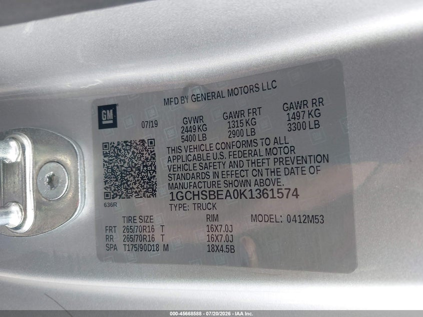 2019 Chevrolet Colorado Wt VIN: 1GCHSBEA0K1361574 Lot: 45668588