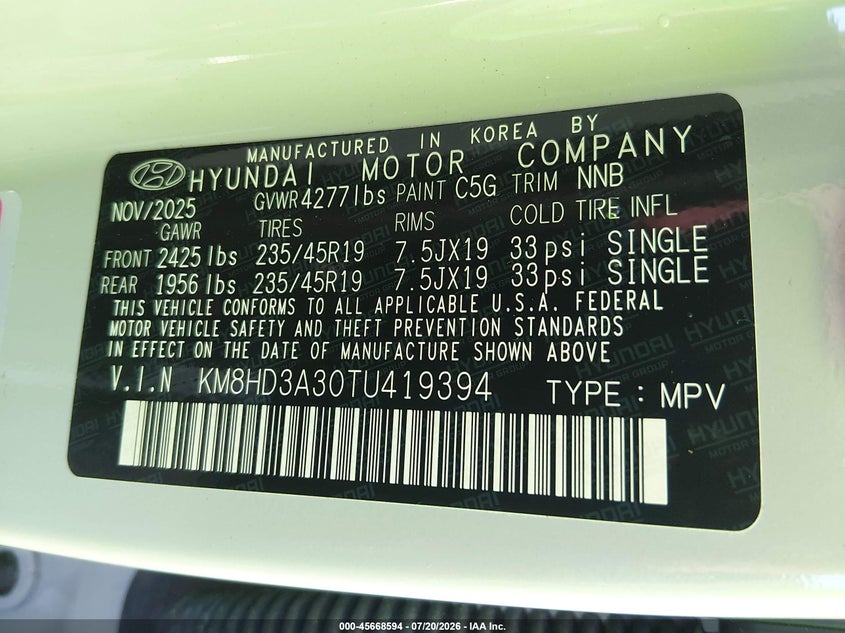 2026 Hyundai Kona Sel Premium VIN: KM8HD3A30TU419394 Lot: 45668594