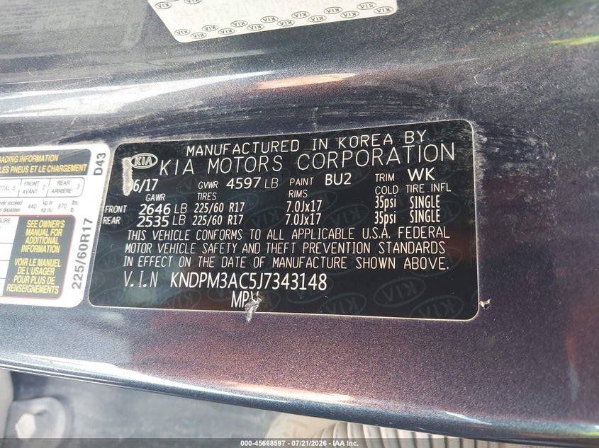 2018 Kia Sportage Lx VIN: KNDPM3AC5J7343148 Lot: 45668597