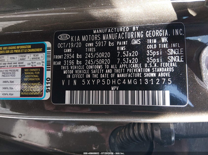 2021 Kia Telluride Sx VIN: 5XYP5DHC4MG131275 Lot: 45668602
