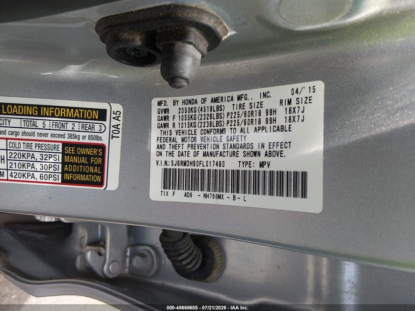 2015 Honda Cr-V Touring VIN: 5J6RM3H90FL017480 Lot: 45668605