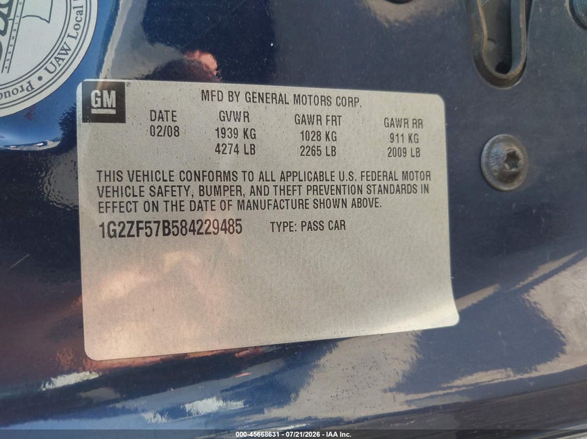 2008 Pontiac G6 Value Leader VIN: 1G2ZF57B584229485 Lot: 45668631